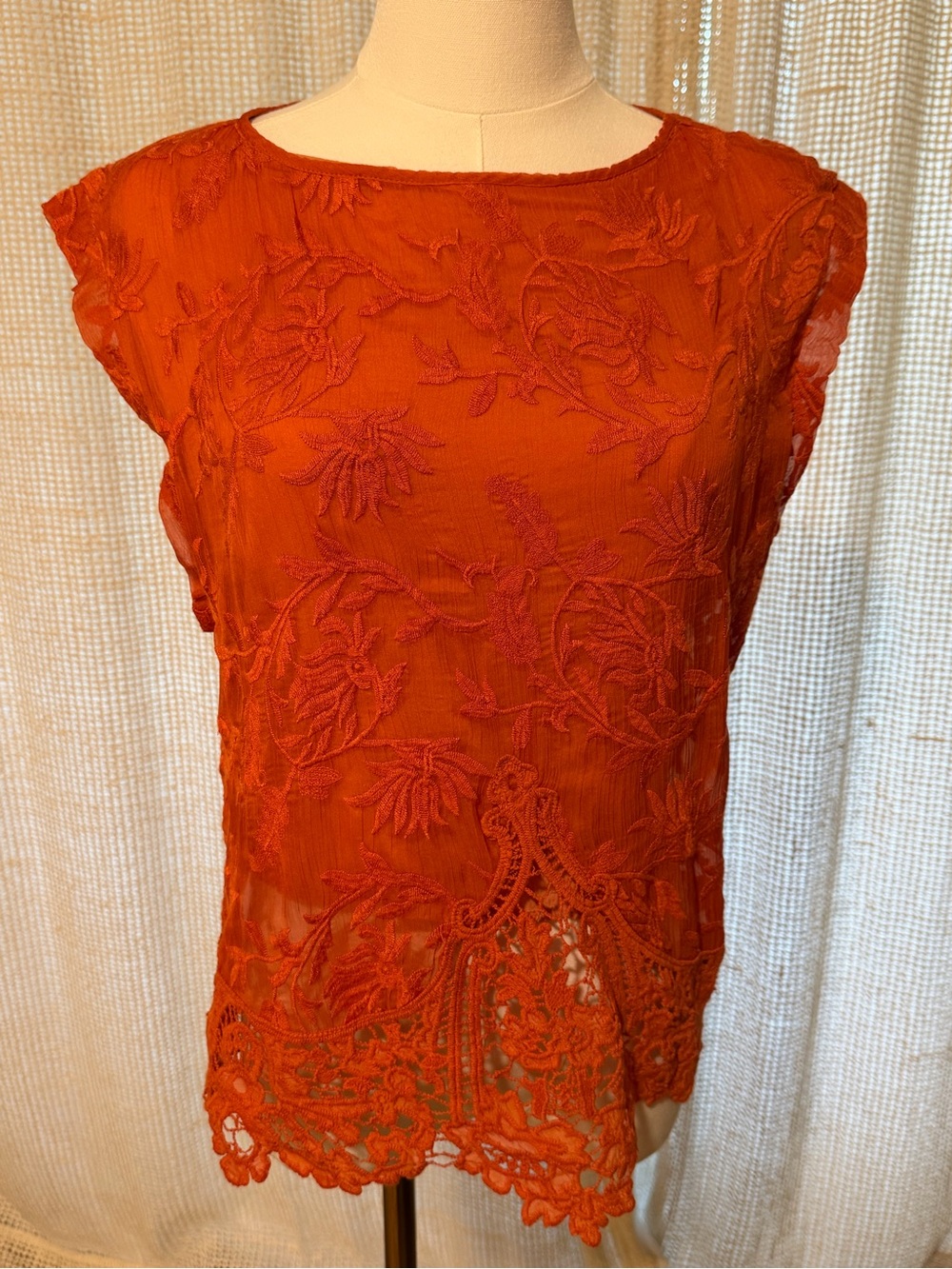 Embroidered Cap-Sleeve Blouse in Rust Orange
